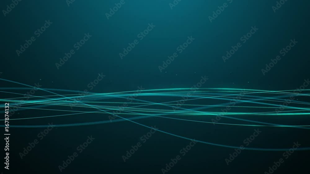 Wall mural computer animated abstract background with thin blue lines waving on black background