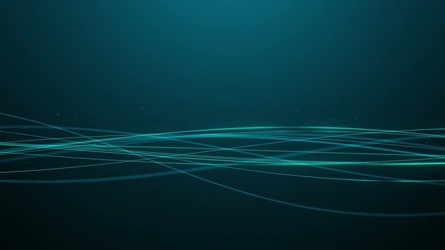 Computer animated abstract background with thin blue lines waving on black background
