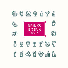 Set of vector illustrations of icons of drinks. Simple signs of alcoholic and refreshing drinks in bottles and glasses, isolated on white