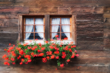 Fototapeta na wymiar Schweizer Holzfenster mit Blumen