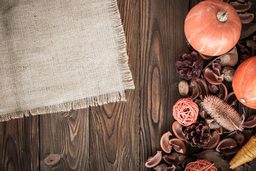autumn decorated wooden table and sackcloth. top view. copy space, free space for your text. - 167875777