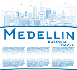 Outline Medellin Skyline with Blue Buildings and Copy Space.