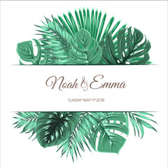 Fototapeta premium Exotic tropical green jungle tree summer leaves. Banner card event invitation template. Text placeholder. Vector design illustration.