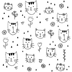 Cute Little kittens hand drawn pattern background.