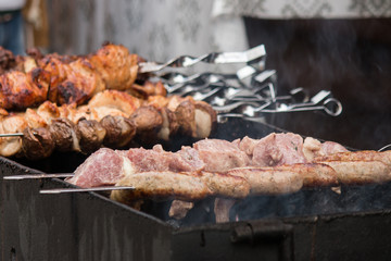 barbecue grill, skewers with meat - 167877907
