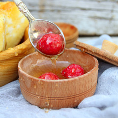 Sweet curd casserole and honey raspberry. sweet Honey.