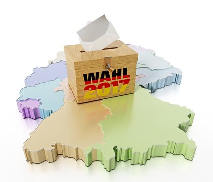 Ballot box on Germany map divided into regions. 3D illustration