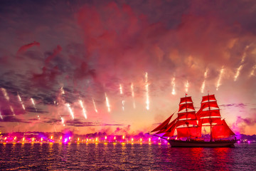 Colorful fireworks and a ship with scarlet sails.