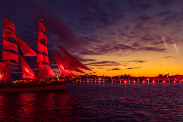 Ship with scarlet sails in the river Neva.