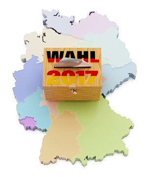 Ballot box on Germany map divided into regions. 3D illustration