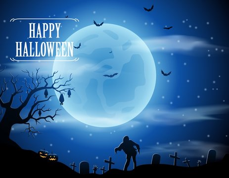 Halloween background with zombies and the moon. Vector illustration