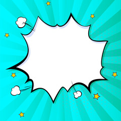 Pop art splash background, explosion in comics book style, blank layout template with halftone dots, comic bubble. Clouds beams and isolated dots pattern. Thoughts bubble in pop art comics style.