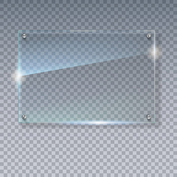 Blank, transparent vector glass plate. Vector template, mock-up banner with copy-space. Photo realistic texture with highlights and glow on the transparent. See through the plastic, 3D illustration.