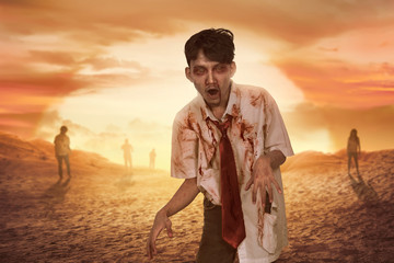 Crowd of aggressive asian zombies with bloody face