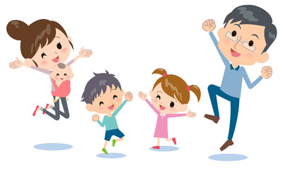 family 2 generations jump side by side