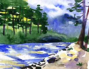 Watercolor illustration of beautiful river