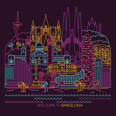 Barcelona skyline detailed silhouette. Vector line illustration - obrazy, fototapety, plakaty
