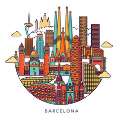 Barcelona skyline detailed silhouette. Vector line illustration - obrazy, fototapety, plakaty