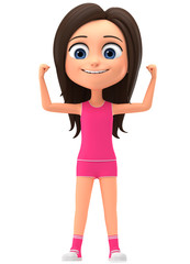 The girl in a pink dress doing exercises on a white background. 3d render illustration.