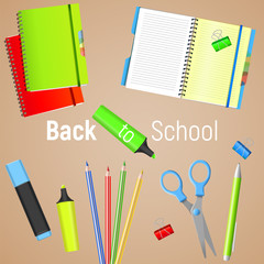 Back to School. Back to School colorful poster with school supplies. Vector illustration