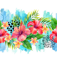 Hand painted artwork: watercolor tropical leaves and flowers on brush strokes background
