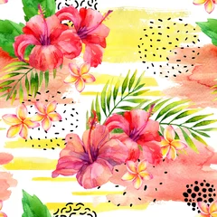 Papier Peint photo Impressions graphiques Feuilles et fleurs tropicales aquarelles peintes à la main sur fond de coup de pinceau sec et rugueux.