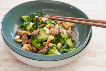 Homemade salad with broccoli and meat, balanced meal
