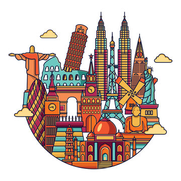 World skyline. Travel and tourism background. Vector line illustration
