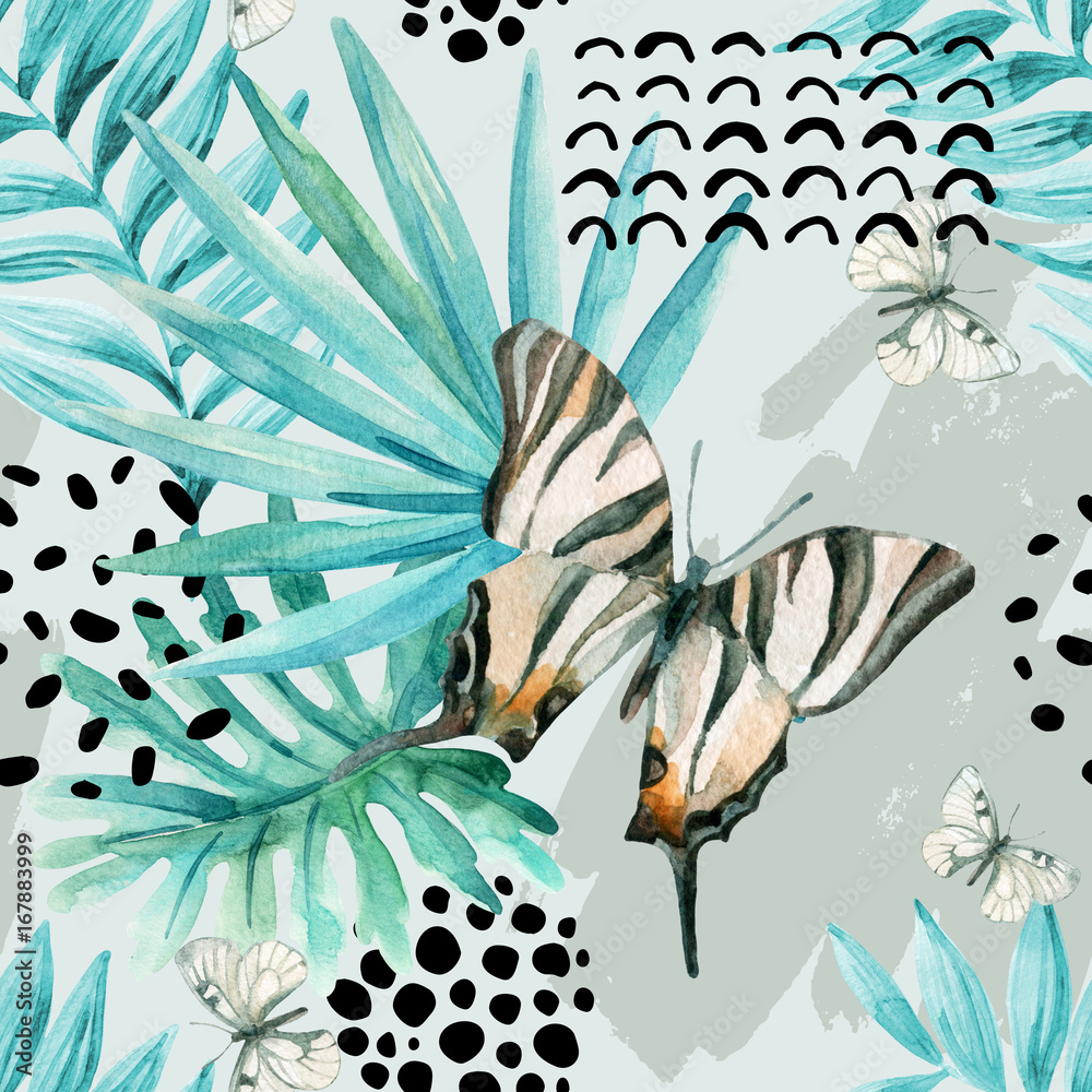 Poster Watercolor graphical illustration: exotic butterfly, tropical leaves, doodle elements on grunge background.