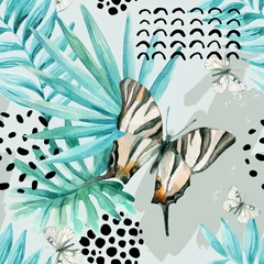 Foto auf Acrylglas Grafikdrucke Grafische Illustration des Aquarells: exotischer Schmetterling, tropische Blätter, Gekritzelelemente auf Schmutzhintergrund.