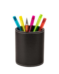 Colored ballpoint pens in a leather holder