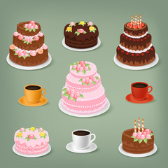 Vector sweet cakes and cups of coffee collection: chocolate cakes with cream roses, birthday cakes with burning candles