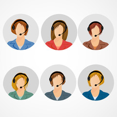 Female call center operator icon set - woman in headphones avatar collection. Customer support, client services, phone assistance.