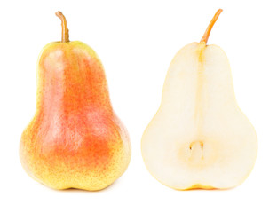Red yellow pear fruit cut in half isolated