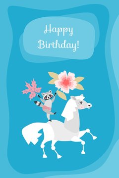 Happy birthday! Cute greeting card with raccoon on horse.