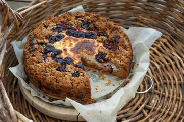 homemade cake with cherry and ricotta crumble