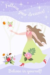 Obraz na płótnie Canvas Beautiful girl runs for a fairy in a magical forest. Follow your dreams. Believe in yourself. Vector illustration for cards and posters.