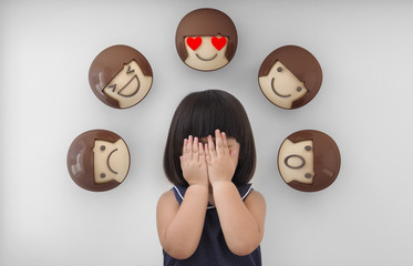 Asian child girl with white background, Feelings and emotions of kid - Icons 3d rendering