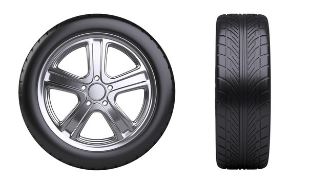 New car wheel, front and side view.