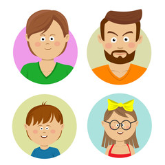 Happy family faces. Vector flat avatars. Mother, father, teen, sister, brother.