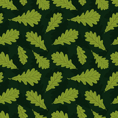 Fototapeta na wymiar Seamless pattern of autumn oak leaf silhouettes on dark green background.