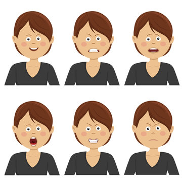 Young businesswoman with various avatar expressions set. Flat illustrations