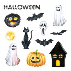 Halloween Party Illustration. Monster, Horror Mask, Black Cat, Bat, Pumpkin, Ghost, Orange Moon, Black House. Watercolor drawing