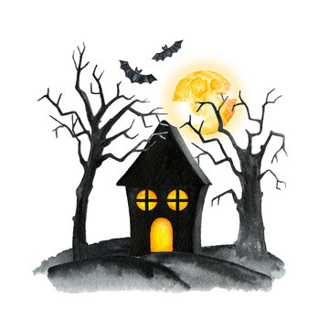 Old Cemetery Landscape. Horror night. Halloween Party Illustration. Watercolor drawing.  Cemetery with curled trees, crosses and tombstones, witch house
