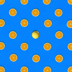 Abstract fruit : Outstanding Orange middle around half oranges on blue pastel background. top view