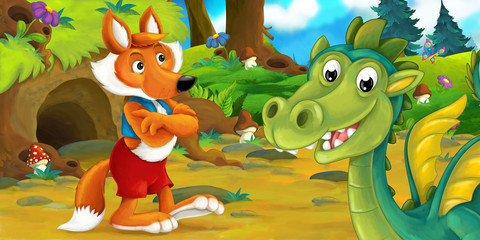 Cartoon scene of a dragon visiting fox - they are talking - illustration for children