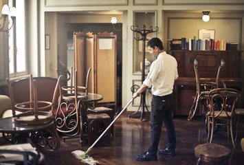 Cleaning the hotel lounge