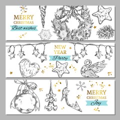 Merry Christmas banners in sketch style. Vector illustration. Isolated objects