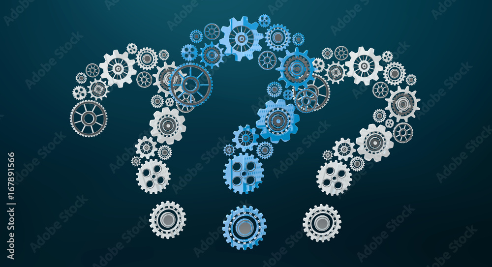 Poster 3d rendering gear icons question mark flying