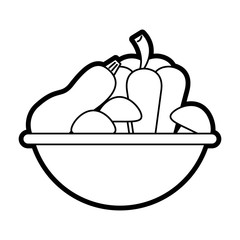 Flat line uncolored vegetables bowl over white background vector illustration